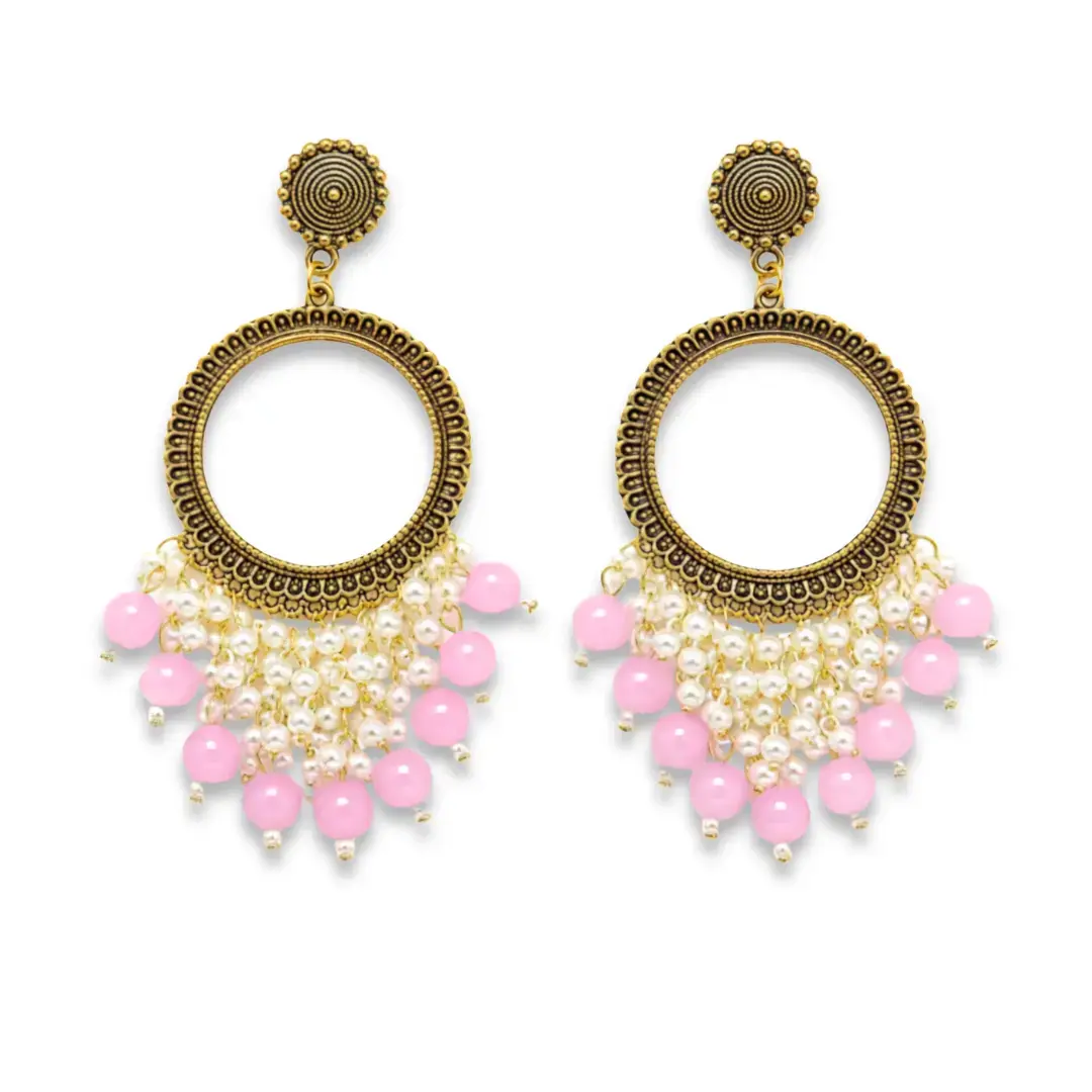 Pastel Pink Pearl Round Shape Chandbali Hoop Earrings
